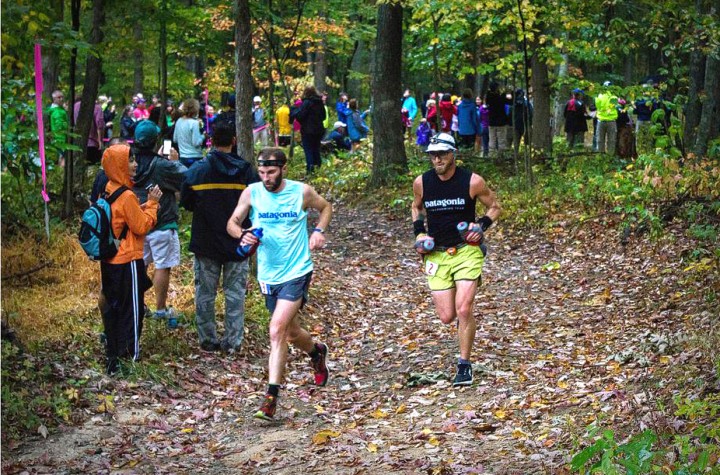 99 miles to go. Running with teammate Brian Rusiecki as we loop back through the back side of the Boy Scout Camp. Photo by Katherine Hawkins.